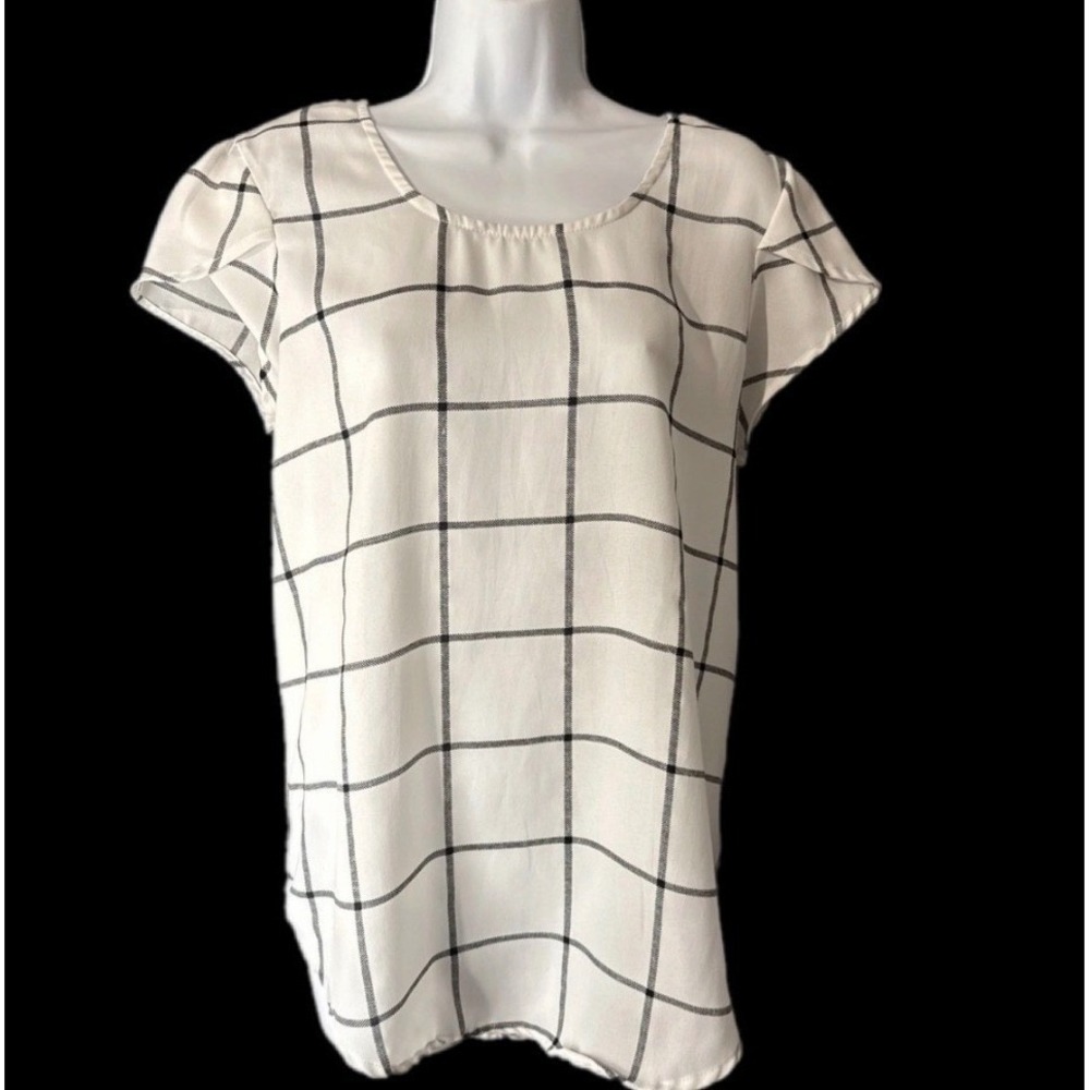 Marisol Windowpane Plaid Blouse Women Large White Black Flutter Sleeve Top